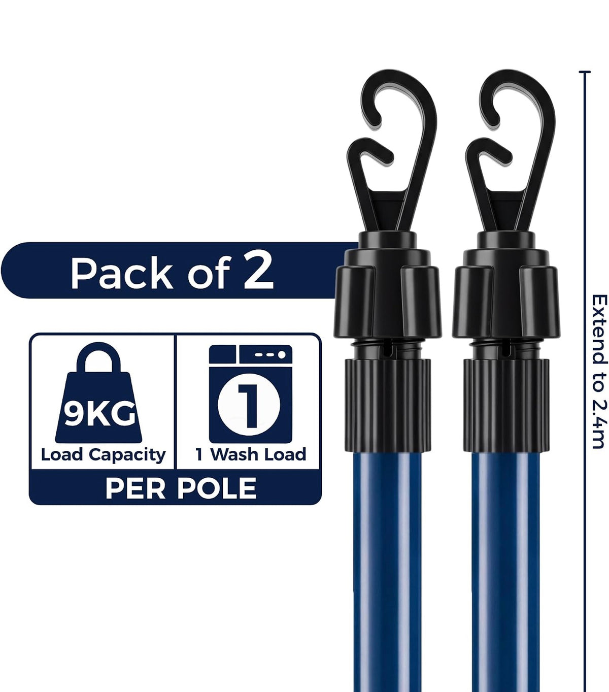 2.4M Telescopic Washing Line Prop Pole Metal Clotheslines Heavy Duty Home Garden Laundry Support Drying Line Poles Dry Clothes Drying Airer Washing Pole Extenedable to 2.4M Blue Pack of 2